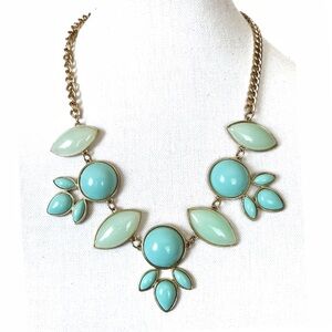 Teal Cabochon Statement Necklace & Earrings Set Gold Tone Chain Jewelry Vintage